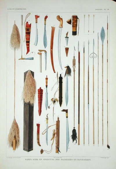 婆罗洲的武器，摘自 "Verhandelingen over de Natuurlijke Geschiedenis der Nederlandsche overzeesche Bezittingen"，第一卷，作者Coenraad Jacob Temminck，由J.M. Kierdorff雕刻，1839-44年出版（彩色印刷）。 作者 TC（后）布鲁宁