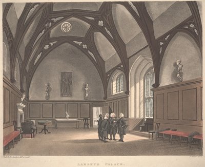 兰贝斯宫（Lambeth Palace），由约瑟夫·康斯坦丁·史达德勒（Joseph Constantine Stadler）雕刻（fl.1780-1812），于1808年出版（彩色浅绿色） 作者 T. 和 Pugin AC 罗兰森