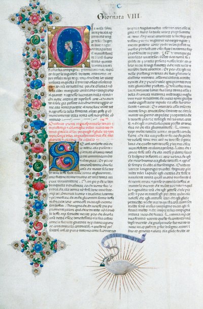 迪卡梅伦（Decameron）的照明手稿页，乔瓦尼·博卡乔（Giovanni Boccaccio），意大利语，c1467。 作者 塔迪奥·克里维利（Taddeo Crivelli）
