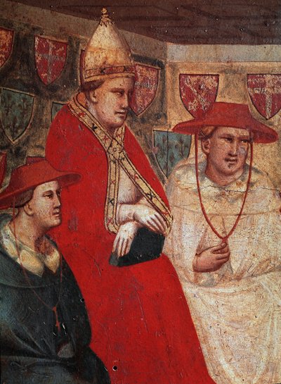 History of Saint Francois of Assisi: representation of Pope Innocenzo III (Innocentius) (1160-1216), confirming the Franciscan rule in 1210. Detail. Fresco by Taddeo Gaddi (1295/1300-1366), Florence, Galleria dell