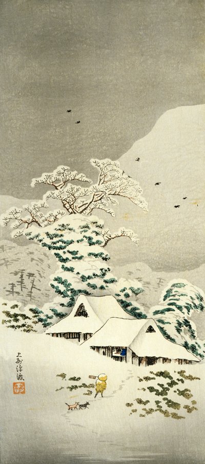 上州区泽渡的雪景，约1930年，由高桥正平（1871-1945）创作，大田尺形木刻，38.1 x 17.1厘米，日本文明，明治-昭和时期 作者 高桥书亭