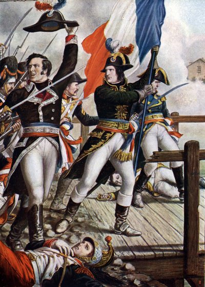 第一次意大利战役：拿破仑-波拿巴（1769-1821 年）在 1796 年 11 月的 Arcole 桥战役中"（拿破仑-波拿巴在 1796 年 11 月的 Arcole（阿科拉）桥战役中），Tancredi Scarpelli（1866-1937 年）插图，选自《Storia》。 作者 Tancredi Scarpelli