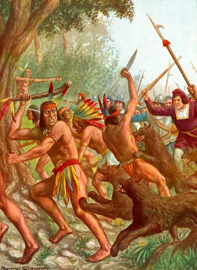 印第安人被西班牙人在战斗中使用的狗追逐 作者 坦克雷迪·斯卡佩利