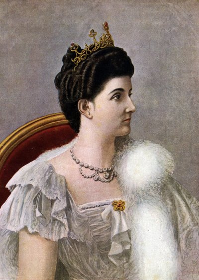 意大利王后黑山的海伦（埃琳娜）（1873-1952 年）肖像，Tancredi Scarpelli（1866-1937 年）为其绘制插图，选自 Paolo Giudici 所著《意大利历史》（Storia d