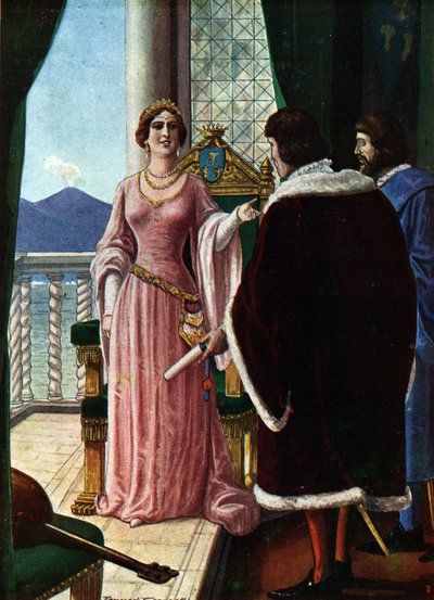 那不勒斯王后乔安娜二世（Giovanna di Napoli 或 Anjou Durazzo）（1373-1435 年）指定她的养子安茹的路易三世（1403-1434 年）（那不勒斯王后乔安娜二世选择路易三世为那不勒斯国王），插图由 Tancredi Scarpelli（1866-1937 年）绘制，选自《Sto》。 作者 坦克雷迪·斯卡佩利