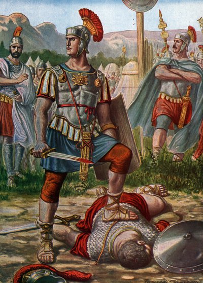罗马古物：公元前 361 年，执政官 Titus Manlius Imperiosus Torquatus 击败一名高卢人的场景 - （公元前 361 年，Titus Manlius Torquatus 与一名挑战罗马军队的高卢战士搏斗并将其击毙），插图作者：Tancredi Scarpelli（1866-193 年）。 作者 坦克雷迪·斯卡佩利