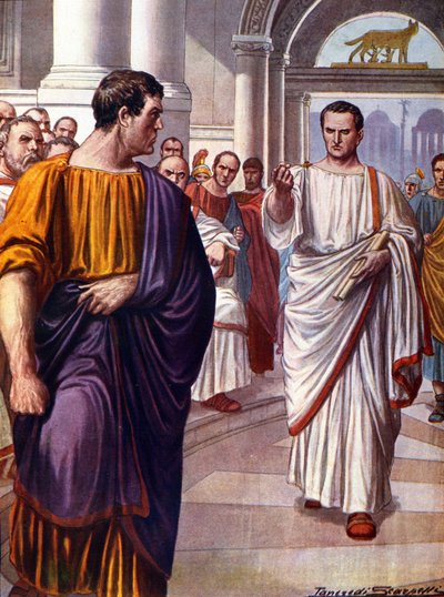 The Roman statesman Ciceron (Marcus Tullius Cicero) (106-43 BC) crosses the conspirator Catilina (Lucius Sergius Catilina) (108-62 BC), which he denounces in 63 BC during the speeches of the catilinaries. Illustration by Tancredi Scarpelli (1866-1937) 作者 坦克雷迪·斯卡佩利