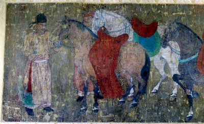 中国艺术：“两个厩马驾四匹马”” 唐玄宗（公元 712-756 年）宫廷画家韩侃的帛书残片细节。 唐期。 暗淡。 50x141 厘米巴黎博物馆塞努斯基 作者 唐代中文学校
