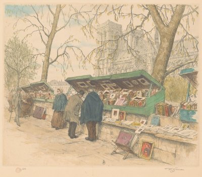 蒙特贝罗码头上的书摊，背景是巴黎圣母院 作者 Tavík František Šimon（艺术家签名）