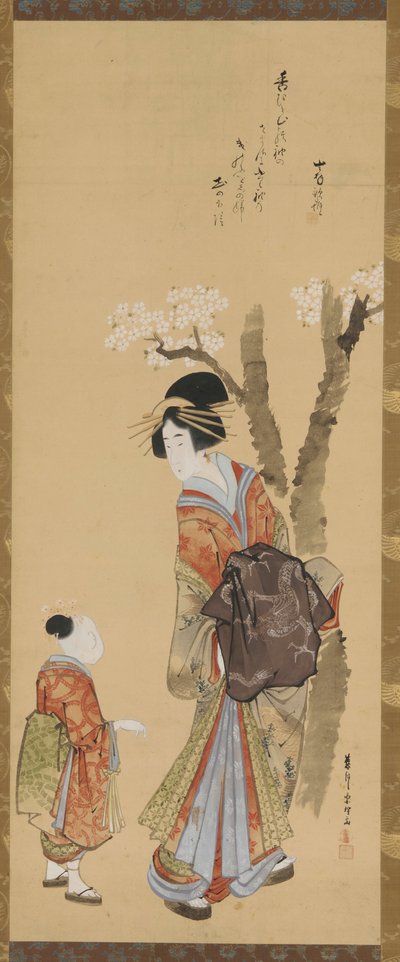 樱花树下的宫女和她的随从，18世纪末至19世纪初。 作者 田原屋索里