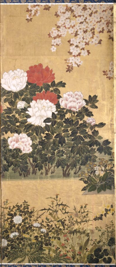花朵和蝴蝶（纸张上的墨水、色彩和金箔） 作者 田原谷宗达