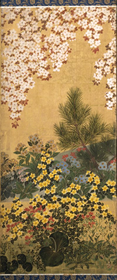 花朵和蝴蝶（纸张上的墨水、色彩和金箔） 作者 田原谷宗达