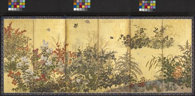 花朵和蝴蝶（纸张上的墨水、色彩和金箔） 作者 田原谷宗达