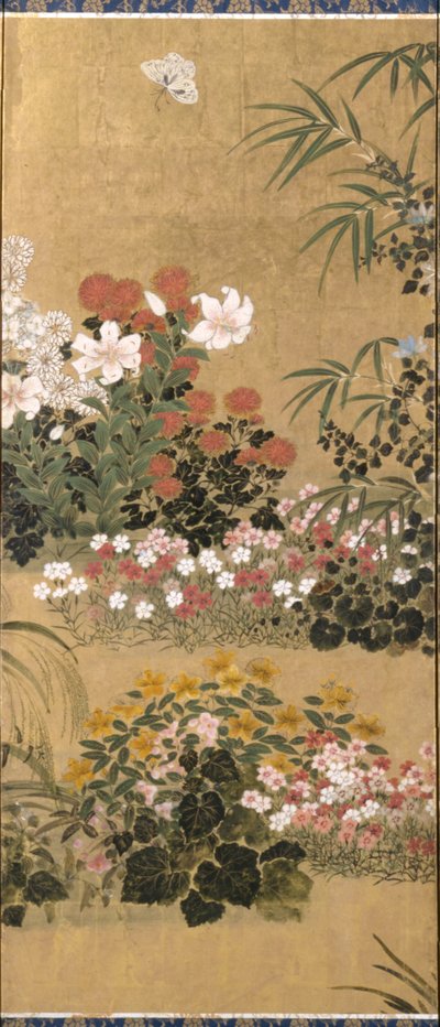 花朵和蝴蝶（纸张上的墨水、色彩和金箔） 作者 田原谷宗达