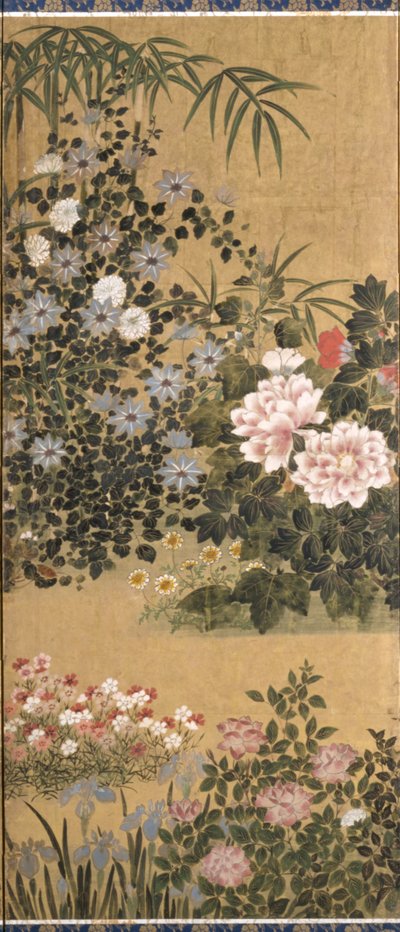 花朵和蝴蝶（纸张上的墨水、色彩和金箔） 作者 田原谷宗达