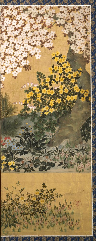 花朵和蝴蝶（纸张上的墨水、色彩和金箔） 作者 田原谷宗达