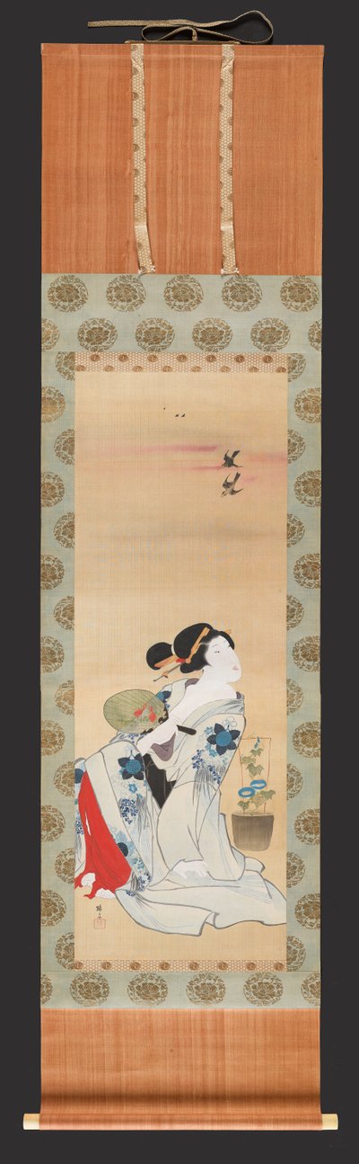 手持扇子的美女坐在盆子旁边
牵牛花，约1830-44年（丝绸上的水墨和彩色）。 作者 Teisai Hokuba