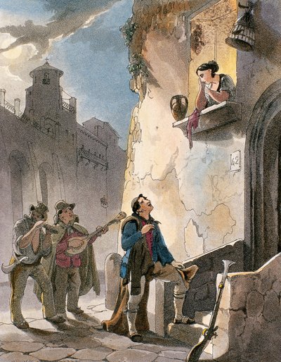 《小夜曲》，阿奇尔·维亚内利 (Achille Vianelli) 创作的那不勒斯服装和流行场景插图，c.1830（凹版画） 作者 特奥多罗·古列尔莫·维特