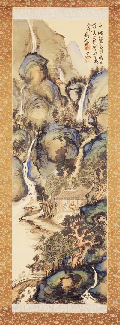 蓝色和绿色的风景，1910年代初（挂轴：丝绸上的水墨和彩色）。 作者 富冈铁斋