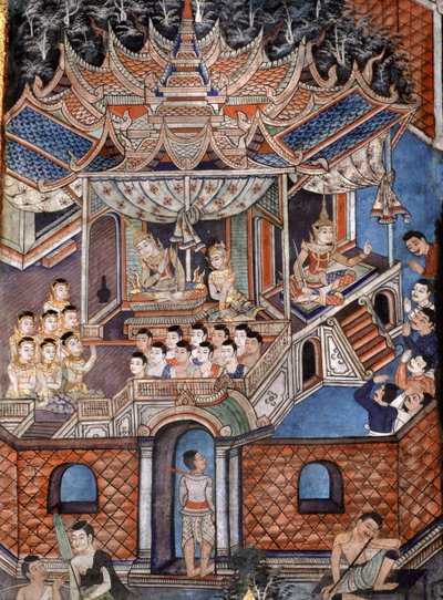 描绘Sang Thong Tales（壁画）的Viharn laikam壁画的细节 作者 泰国学校