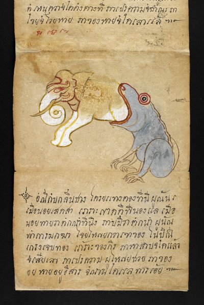 或16482， f.12 青蛙吃大象，选自《萨特拉》 关于算命和健康快乐生活的建议（折纸书） 作者 泰国学校
