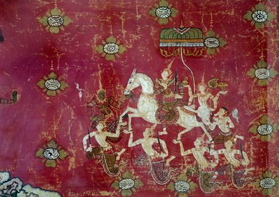 佛教：““佛陀生活场景：伟大的启程””泰国画布细节。 Sun 1,4x0,9 m 巴黎，吉美博物馆，亚洲人国家艺术博物馆 作者 泰语泰语