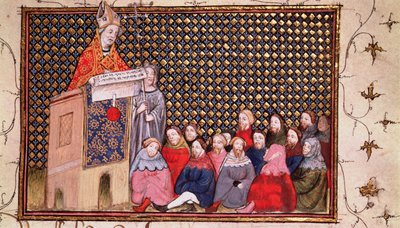 Harl 1319 f.12 阿伦德尔大主教为亨利传道，选自 "Histoire du Roy d
