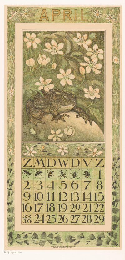 带青蛙的四月日历表
1911 年日历 12 幅石版画，作者 Th. v. Hoytema（系列名称）
花间小径 作者 西奥·范·霍特玛