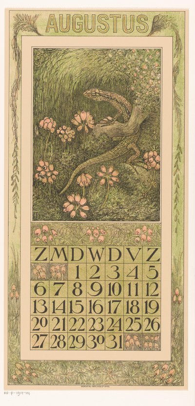 带有蜥蜴和荒地的八月日历页
1911 年日历 12 幅石版画，作者 Th. v. Hoytema（系列标题） 作者 西奥·范·霍特玛