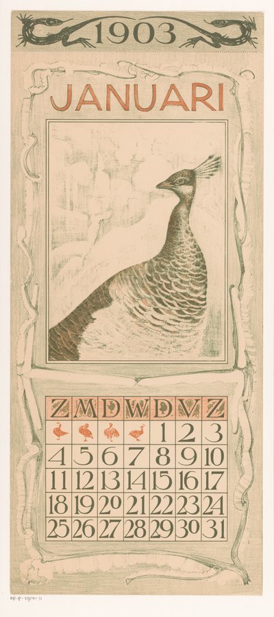 带有孔雀的一月日历张
1903 年日历 12 幅石版画，作者 Th. v. Hoytema（系列名称） 作者 西奥·范·霍特玛