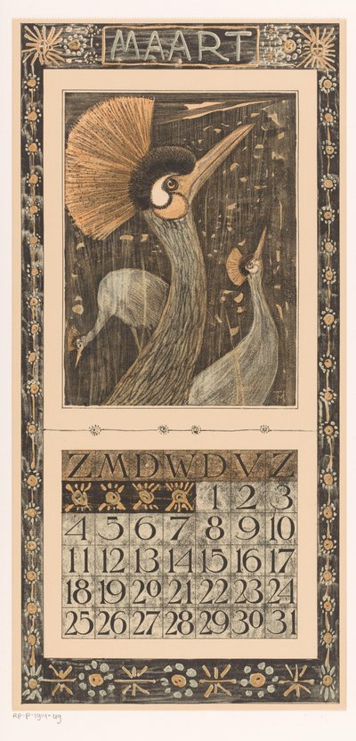 三月日历表与冠鹤 1906 年日历 12 幅石版画，作者：Th. v. Hoytema（系列标题） 作者 西奥·范·霍特玛