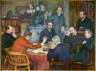 La Lecture (1903)，围绕比利时社会主义诗人Emile Verhaeren (1855-1916)、画家Cross、作家Maurice Maeterlinck、Andre Gide和Francis Viele-Griffin、生物学家Henri Gheon、医生Felix Le Dantec和抽着烟的Felix Feneon而上演，s 作者 范·雷塞尔伯格（Théovan Rysselberghe）