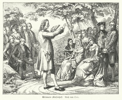 The Weimar Court of the Muses: German poet and playwright Friedrich Schiller reading at Schloss Tiefurt, with Christoph Martin Wieland, Johann Wolfgang Goethe and Johann Gottfried Herder among those listening (engraving) 作者 西奥博尔德·莱因霍尔德·冯·厄尔