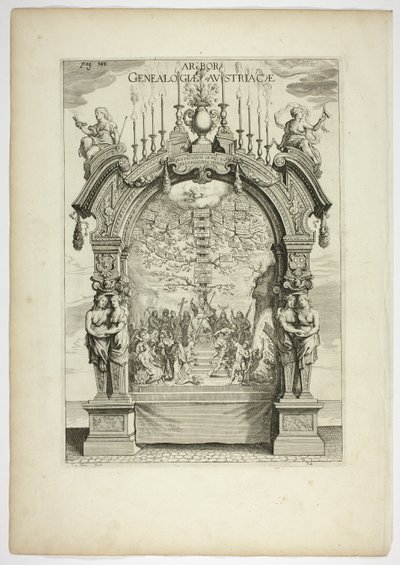 奥地利王室家谱，图版 32，选自 Casperius Gevartius，Pompa Introitus Honori Serenissimi Principis Ferdinandi（最尊贵的红衣主教-因凡蒂尔-斐迪南的凯旋门） 作者 西奥多·范图尔登