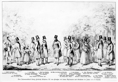普鲁士国王弗里德里希威廉三世于1833年在特普利茨温泉镇与外交官，士兵和学者会面，1833年 作者 西奥多·霍斯曼