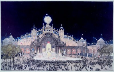 万国展览：“1900 年巴黎电力宫和水城堡景观”，西奥多·约瑟夫·休伯特·霍夫鲍尔 (1839-1922) 的印刷品，被称为费多·霍夫鲍尔。 1900 巴黎，卡纳瓦莱博物馆 作者 西奥多·约瑟夫·休伯特·霍夫鲍尔