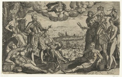 奥兰治与阿尔瓦的对比，背景为西班牙 Furie，约 1577 年 作者 Theodor de Bry (归因于)