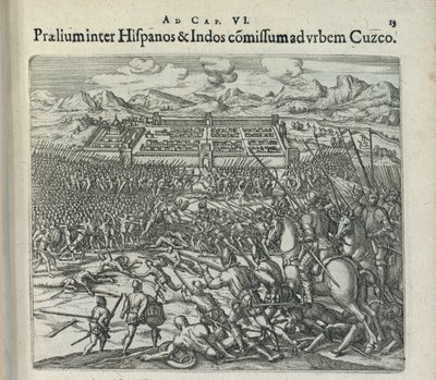 西班牙人和印第安人在库斯科城门的战斗，1596年。 作者 西奥多·德·布赖