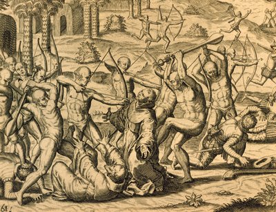 南美传教士的殉难，《美洲历史》雕刻，西奥多·德·布赖 (Theodor de Bry)（1528-1598 年）绘制，法兰克福 作者 西奥多·德·布赖