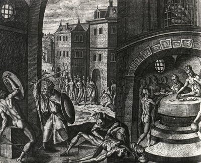 牧师杀死假打斗的受害者，然后剥下尸体的皮，墨西哥，《Peregrinationes》雕刻，Theodor de Bry（1528-1598 年）创作，中美洲 作者 西奥多·德·布赖