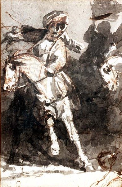 混战的场景（铅笔和水彩画 作者 Theodore (attr. To) Gericault
