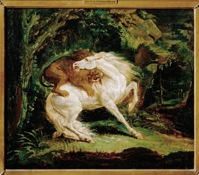 Cheval attaque par un lion - 一匹被狮子袭击的马，取材于劳里的蚀刻版画和乔治-斯塔布的油画... 作者 西奥多·杰里科（Theodore Gericault）