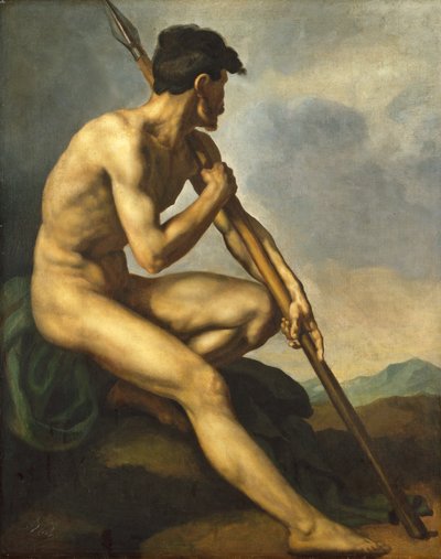 拿着长矛的裸体战士，约1816年。 作者 西奥多·杰里科（Theodore Gericault）