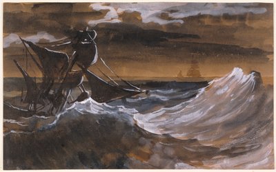 汹涌的海面上的帆船，c.1818-9（刷子和棕色洗，黑色粉笔上的水彩） 作者 西奥多·杰里科（Theodore Gericault）