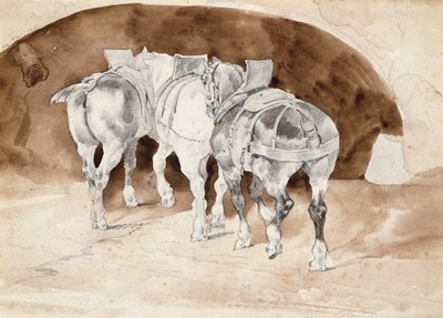 三匹重型马的马具（铅笔和棕褐色水洗）。 作者 西奥多·杰里科（Theodore Gericault）