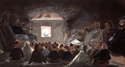 阿尔及利亚一所学校的木偶戏，约 1830 年（水彩画） 作者 西奥多·勒布朗