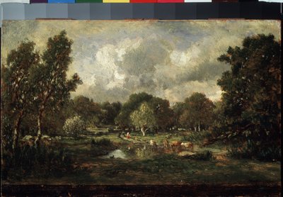 水塘边的奶牛西奥多-卢梭（1812-1867 年）的画作。木板油画 作者 Theodore Rousseau