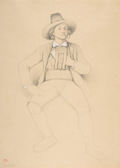 一个穿着蒂罗尔服装的人，坐着，抽着烟斗，1842年。 作者 西奥多·瓦莱里奥