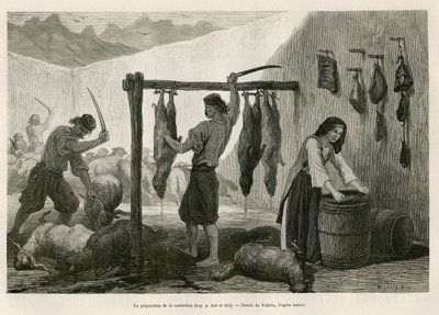 The preparation of the castradina, speciality of meat of sheep and goat salted and bucanee, towards the end of October, in Dalmatia (Istria and Herzegovine (Croatia)), drawing by Valerio, to illustrate the journey to Montenegro, in 1874, by Charles Yriarte 作者 西奥多·瓦莱里奥