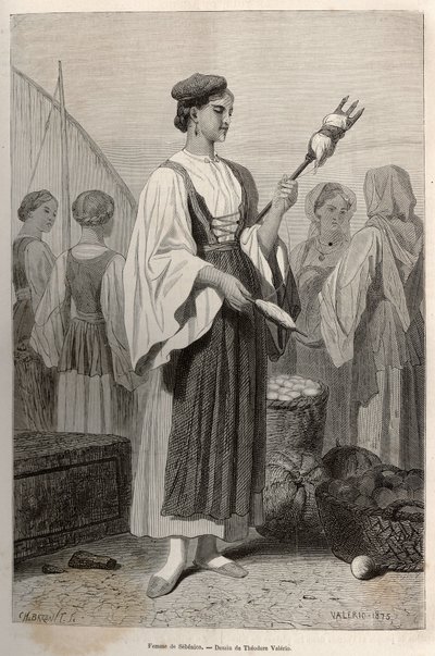 Sebenico（塞尔维亚）的女人，在集市广场上用纺锤纺羊毛。 西奥多·瓦莱里奥 (Theodore Valerio) 画后雕刻，说明达尔马提亚的故事，查尔斯·伊里亚特 (Charles Yriarte) 于 1874 年发表于《世界之行》(Le tour du monde)，1876 年，埃杜编辑 作者 西奥多·瓦莱里奥